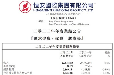 恒安国际2022年净利润锐减41% 挑战与转机并存，个人卫生用品销售承压，2023年毛利率有望改善